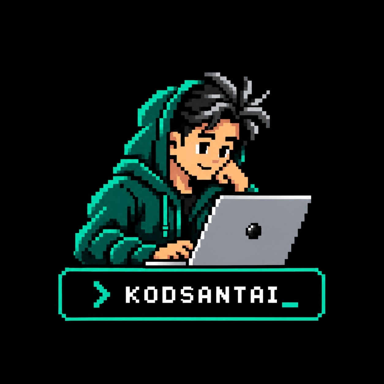 Pixel-art portrait of a developer in a teal hoodie working on a laptop, above the KodSantai prompt